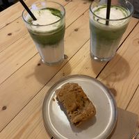 Iced matcha with coconut milk, blondie  at Taylor's Cafe in Brussels