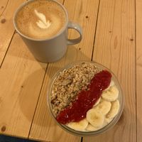 Dirty chai and yoghurt bowl  at Taylor's Cafe in Brussels