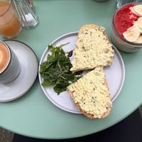 Flat white, savoury toast, breakfast pot at Taylor's Cafe in Brussels