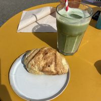 Pastry and matcha  at Taylor's Cafe in Brussels