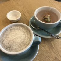 Mélange Equilibre Ayurvédique tea 4€, Black sesame latte  at Taylor's Cafe in Brussels