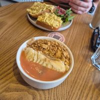 Yoghurt and muesli and savory toast. Definitely preferred the sweet toast over the muesli as it is quite a lot of liquid (coconut yoghurt) but was still nice :) at Taylor's Cafe in Brussels