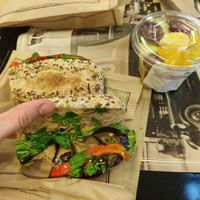 Vegan sandwich and fruit cup at Paul  in Lisbon