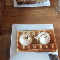 Waffle with ice cream + waffle with whipped cream and chocolate at Lody Daktyl Cafe in Gdansk