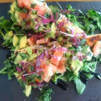 Avocado and tomato bruschetta with rocket and balsamic reduction at Riverside Cafe in Newcastle Emlyn