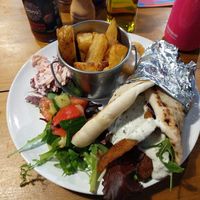 Vegan wrap with salad and fries (chips) at Riverside Cafe in Newcastle Emlyn