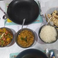 Aloo Gobi, Veg Chettinaud, Rice, and Roti at Aroma Indian Cuisine in Naples