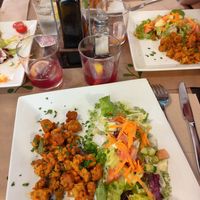 Soy curls and salad at Vegetariano El Calafate in Malaga