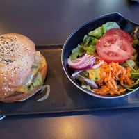Vegan hamburger with salade at Milestone  in Almeria