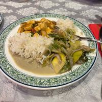 Had vegetable rolls, Thai green vegetable curry, boiled rice and a tofu dish - waiter lovely and assured these dishes were vegan   at Buen Gusto in Lanzarote
