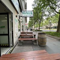 Picnic tables on the street  at Gaia Kitchen in Vienna