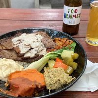 Daily special: vegan kebab, kimchi, basmati rice, sweet potato, pickles, pak choi   at Gaia Kitchen in Vienna