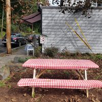 Outdoor seating and free library kiosk at Secret Vegan Cafe in Kingston