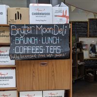 Outside (it is in a covered arcade) at Bryter Moon Deli in Leicester