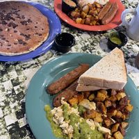 Chocolate chip vegan pancake, tofu, vegan sausage, a vegan sauce. at The Friendly Toast in Danvers