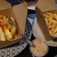Zucchini fries and common french fries with tahini sauce at EATERY in Athens