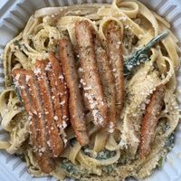 Fettuccine Alfredo (cashew sunflower cream sauce, fettuccine, baby spinach, vegan chicken tenders, vegan parmesan, herbed extra virgin olive oil) at Loving Hut in Reynoldsburg