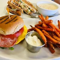 Loving Hut Columbus! Happy burger with sweet potatoes and vegan mayo for dipping (made in house)! at Loving Hut in Reynoldsburg