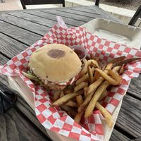 Cluckin good sandwich with fries  at The Smokin' Onion in Asheville