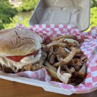 Chick’n sandwich and fries  at The Smokin' Onion in Asheville