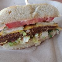 Kai Burger cut in half at The Smokin' Onion in Asheville