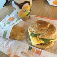 Breakfast sandwich, hash brown and shake  at Plant Power Fast Food - Craig Rd in Las Vegas