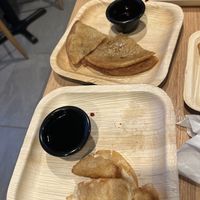 scallion pancakes and fried dumplings (half eaten)  at Black Bamboo in West Hartford