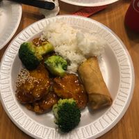 vegan sesame chicken with a spring roll at Black Bamboo in West Hartford
