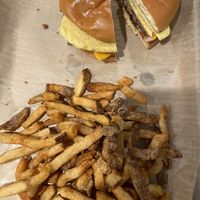 Just egg and impossible sausage sandwich on brioche bun at Maple & Rye in Laporte