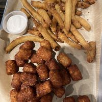 Tater tots and pickle fries with vegan ranch  at Maple & Rye in Laporte