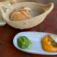 Bread with creamy carrot dip and parsley dip (vegan)  at LAUCH in Basel