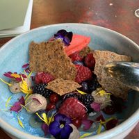 Strawberry sorbet with berries, pumpkin seed caramel cracker, coffee cream (vegan)  at LAUCH in Basel