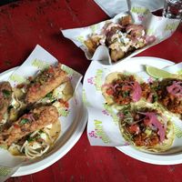 Banana blossom tacos on the left, dirty fries and al pastor tacos on the right at Antojitos - The Dog House in Edinburgh
