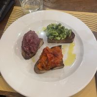 Apulian bruschette (onion, broccoli, tomatoes)  at La Pentola Degli Gnomi in Gallipoli