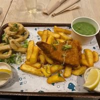 Regular smoked vegan haddock & chips with calamari and mushy peas at The No Catch Co in Brighton