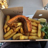 'Cod' and chips on the Brighton beach opposite the restaurant. Perfect! at The No Catch Co in Brighton