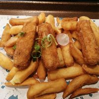 Battered sausage and chips at The No Catch Co in Brighton