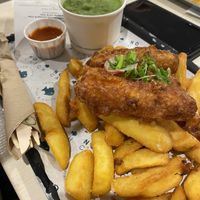 Battered sausage and chips (regular), mushy peas, franks hot sauce   at The No Catch Co in Brighton
