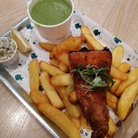 Battered 'haddock'. Regular size with a side of mushy peas. at The No Catch Co in Brighton