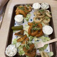 Jumbo lemon shrimp, tempure prawns, calamari, tofush pieces. Delicious!  at The No Catch Co in Brighton