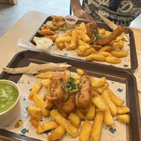 Battered sausage and chips and fish and chips  at The No Catch Co in Brighton