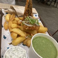 Cod, chips and mushy peas  at The No Catch Co in Brighton