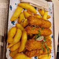 Battered sausages and chips at The No Catch Co in Brighton