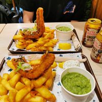 Classic cod fish & chips with mushy peas and tartare sauce. at The No Catch Co in Brighton