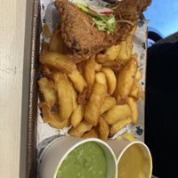 Smoked haddock and chips with mushy peas and curry sauce   at The No Catch Co in Brighton