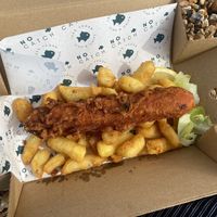 Battered Saveloy and chips  at The No Catch Co in Brighton