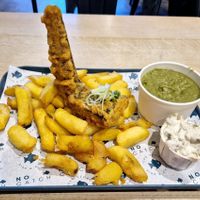 Cod n chips, mushy peas and tartare sauce. at The No Catch Co in Brighton