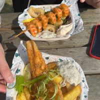 Vegan cod and chips, side of prawn tempura and calamari at The No Catch Co in Brighton