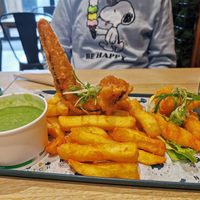 Vegan smoked haddock and chips and lemon shrimp at The No Catch Co in Brighton