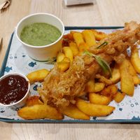 Jumbo battered saveloy, chips, bbq sauce and mushy peas at The No Catch Co in Brighton